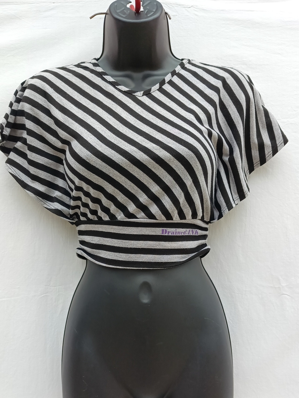 Zunie Upcycled Black & Gray Striped V-Neck Crop Top With Purple Back Graphic